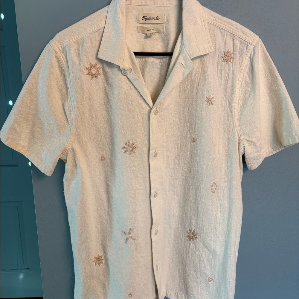 Madewell Cream Short Sleeve Shirt with Embroidered Accents